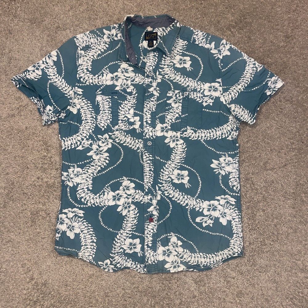 CPO Shirt Hawaiian Floral Button Up Short Sleeve Casual Blue Size Medium